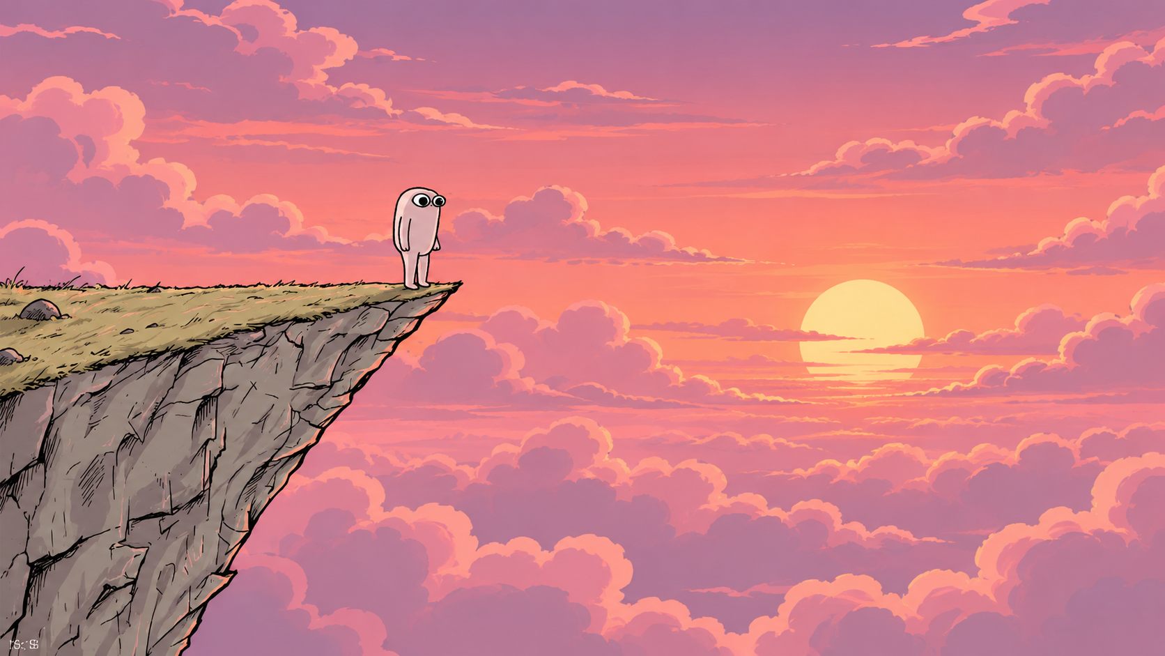 SMOL standing at the edge of a cliff, looking out at a pink sunset